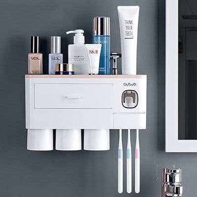 image-Non-marking Hanging Magnetic Toothbrush Holder Single Drawer Storage Rack With Toothpaste Squeezer Toiletry Set