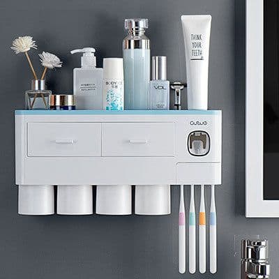 image-Non-marking Hanging Magnetic Toothbrush Holder Single Drawer Storage Rack With Toothpaste Squeezer Toiletry Set