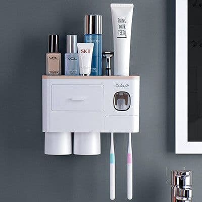 image-Non-marking Hanging Magnetic Toothbrush Holder Single Drawer Storage Rack With Toothpaste Squeezer Toiletry Set
