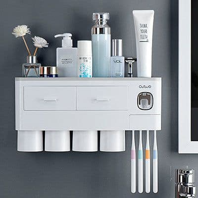 image-Non-marking Hanging Magnetic Toothbrush Holder Single Drawer Storage Rack With Toothpaste Squeezer Toiletry Set