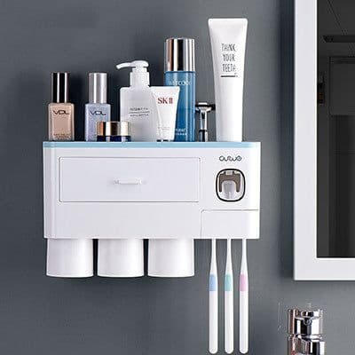 image-Non-marking Hanging Magnetic Toothbrush Holder Single Drawer Storage Rack With Toothpaste Squeezer Toiletry Set