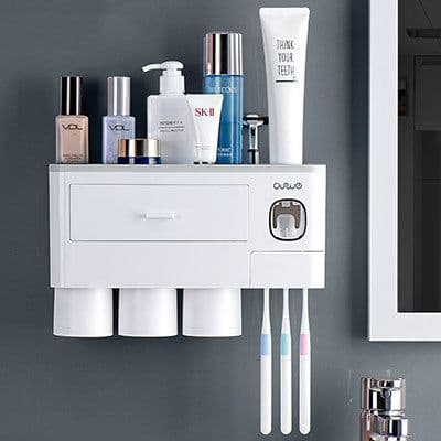 image-Non-marking Hanging Magnetic Toothbrush Holder Single Drawer Storage Rack With Toothpaste Squeezer Toiletry Set