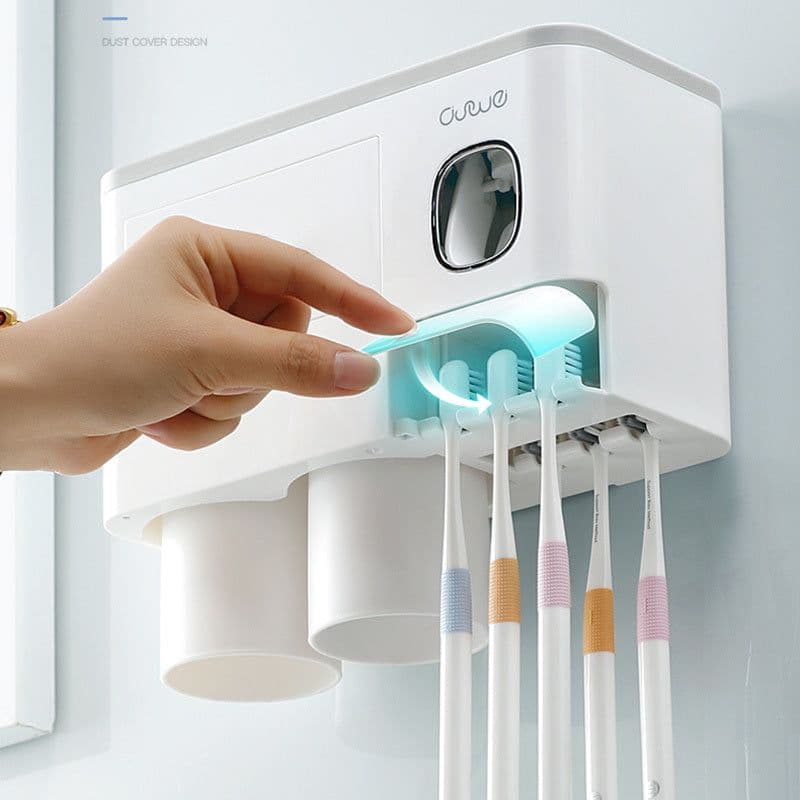 image-Non-marking Hanging Magnetic Toothbrush Holder Single Drawer Storage Rack With Toothpaste Squeezer Toiletry Set
