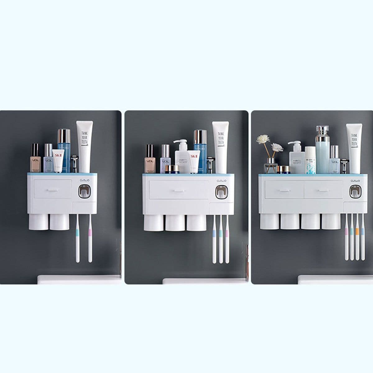 image-Non-marking Hanging Magnetic Toothbrush Holder Single Drawer Storage Rack With Toothpaste Squeezer Toiletry Set