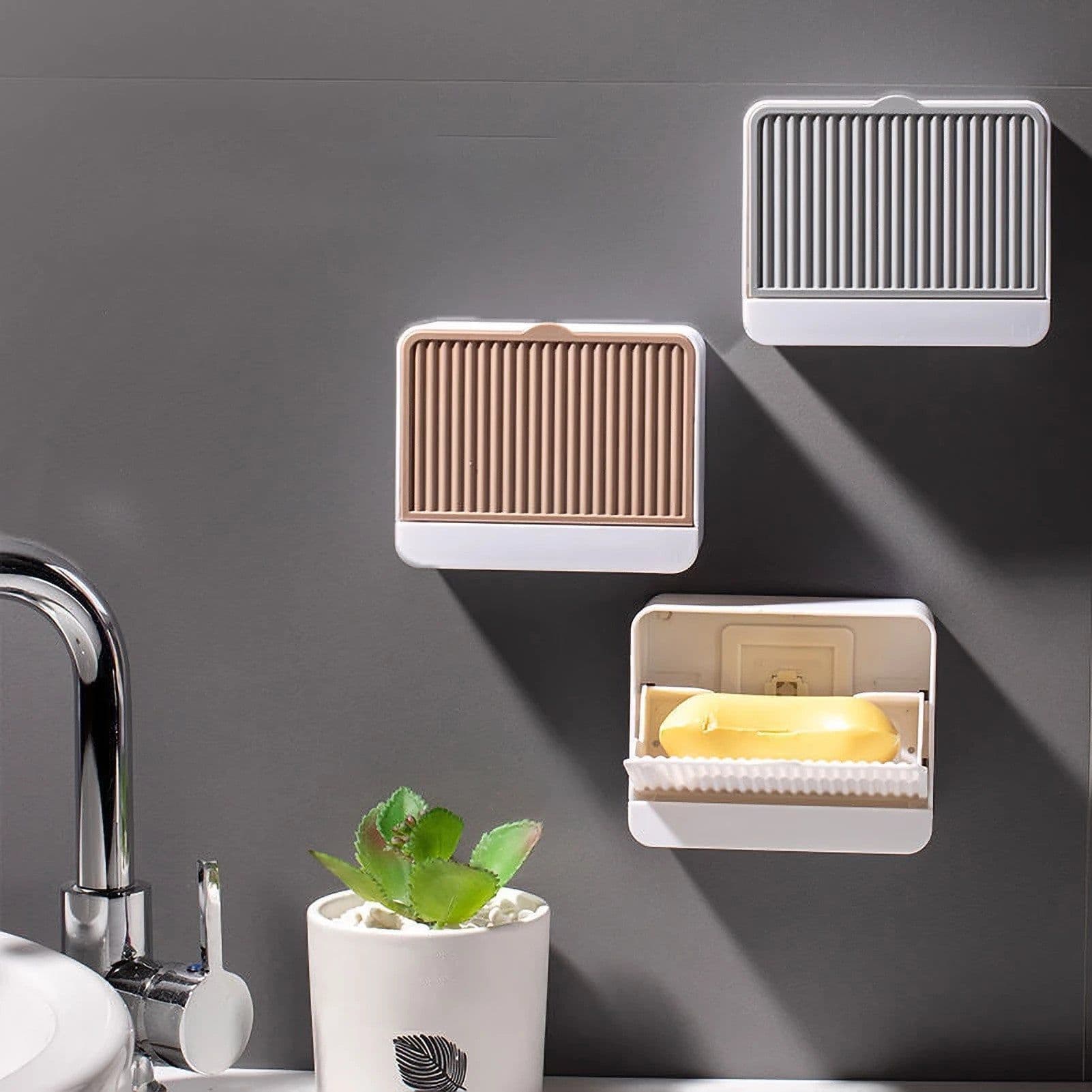 image-Double Grids Soap Storeage Box Wall Puch Free Drain Soap Holder