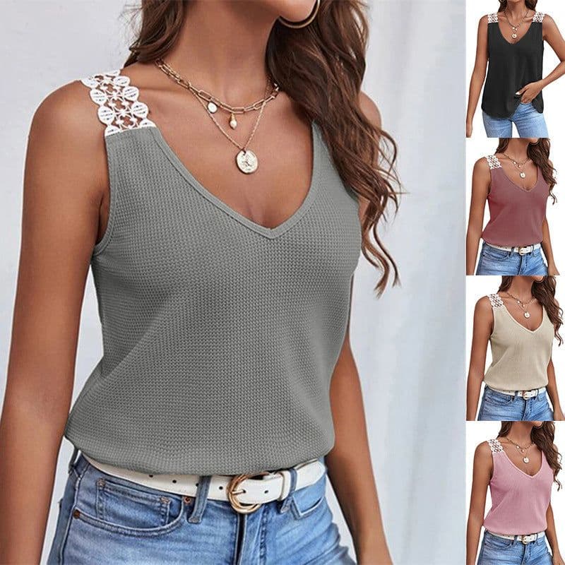 image-Waffle V-Neck Vest Sleeveless Lace Tank Shirt Tops Summer