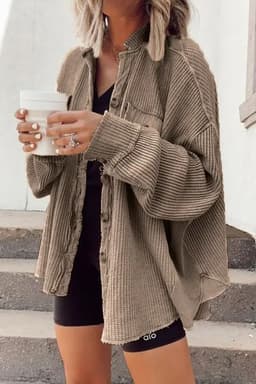 image-Button Shirt Jacket Women Lapel Long Sleeve Blouse Fashion Jacket Tops