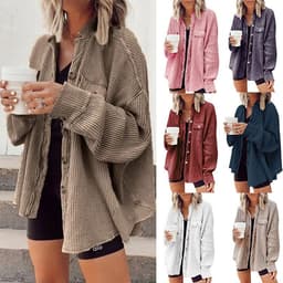 image-Button Shirt Jacket Women Lapel Long Sleeve Blouse Fashion Jacket Tops