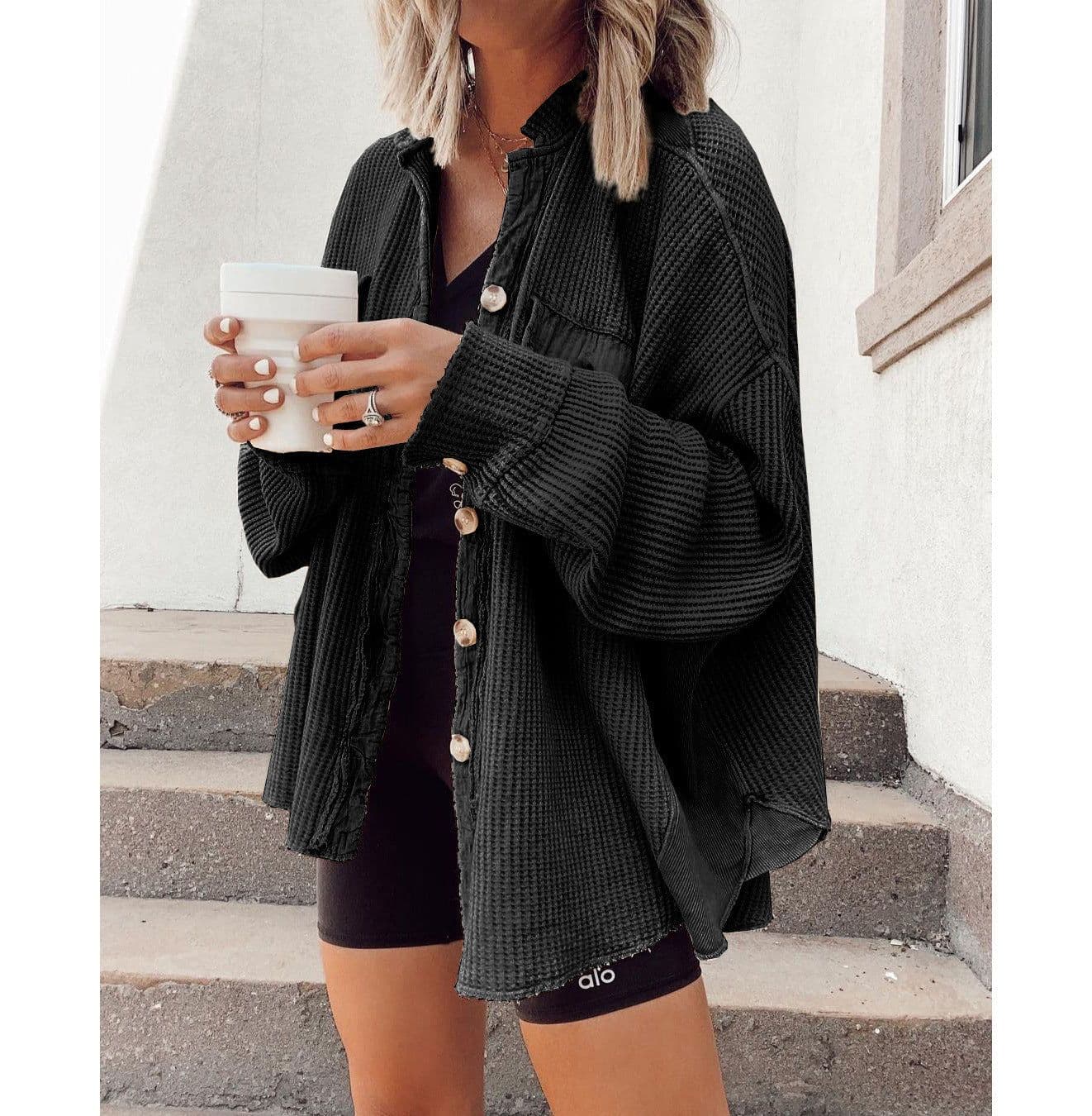 image-Button Shirt Jacket Women Lapel Long Sleeve Blouse Fashion Jacket Tops