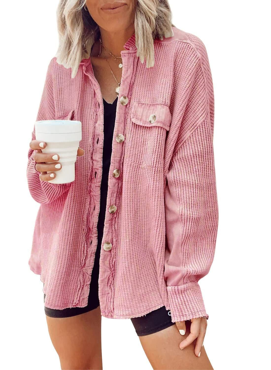 image-Button Shirt Jacket Women Lapel Long Sleeve Blouse Fashion Jacket Tops