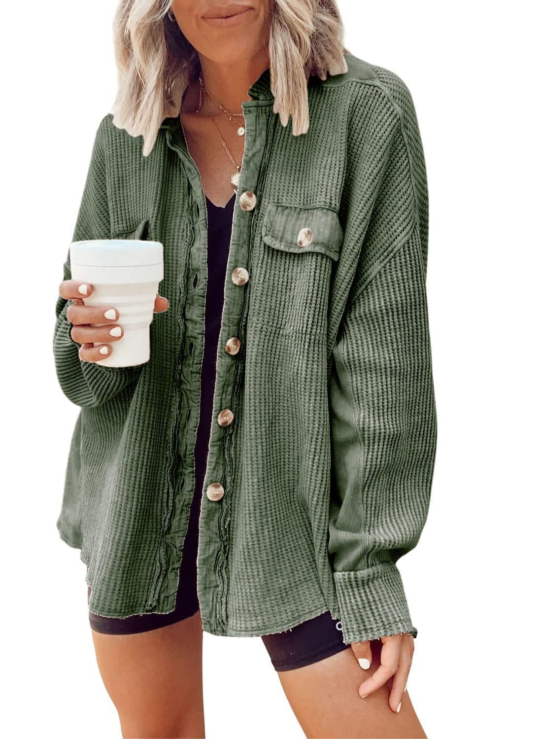 image-Button Shirt Jacket Women Lapel Long Sleeve Blouse Fashion Jacket Tops