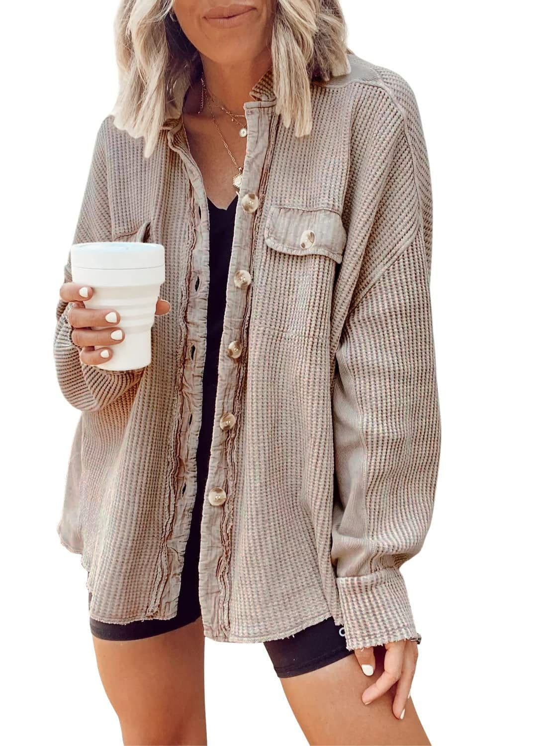 image-Button Shirt Jacket Women Lapel Long Sleeve Blouse Fashion Jacket Tops