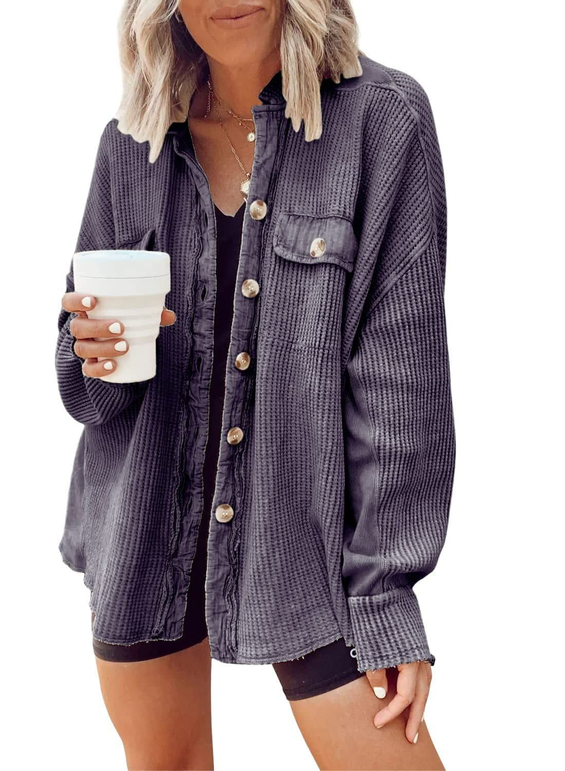 image-Button Shirt Jacket Women Lapel Long Sleeve Blouse Fashion Jacket Tops
