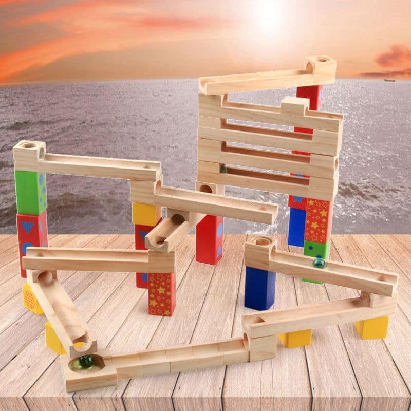 image-Children's Educational Parent-child Ball Track Slide Blocks Stacking High Marbles To Build Wooden Toys