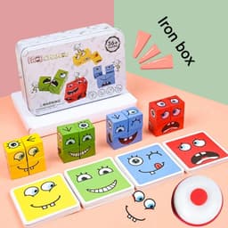 image-Wooden Expressions Toy Wooden Magic Cube Face Pattern Building Blocks Educational Montessori Toys Wooden Matching Block Puzzles