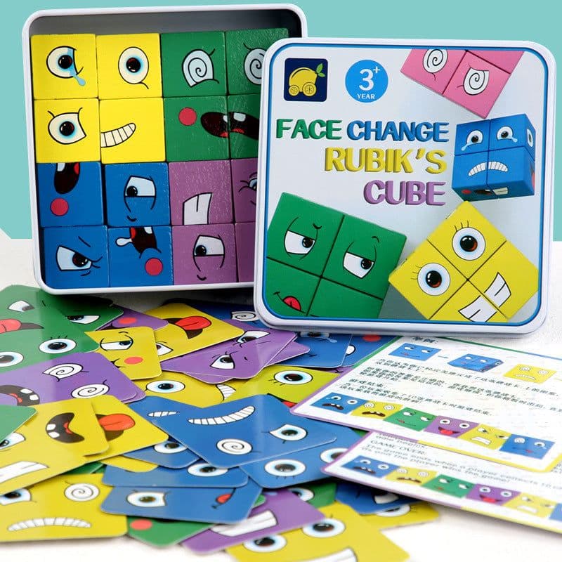 image-Wooden Expressions Toy Wooden Magic Cube Face Pattern Building Blocks Educational Montessori Toys Wooden Matching Block Puzzles