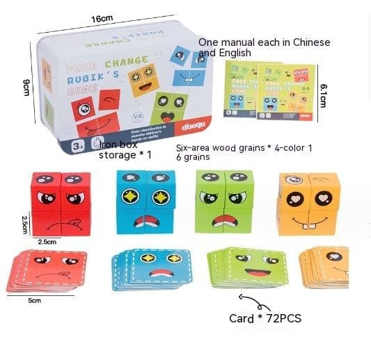 image-Wooden Expressions Toy Wooden Magic Cube Face Pattern Building Blocks Educational Montessori Toys Wooden Matching Block Puzzles