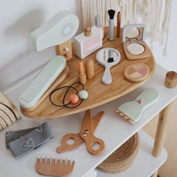 image-Children And Girls Make Up And Cut Hair Simulation Comb Hair Dryer Wooden Model Toy