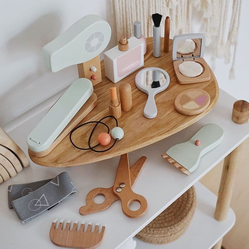 image-Children And Girls Make Up And Cut Hair Simulation Comb Hair Dryer Wooden Model Toy