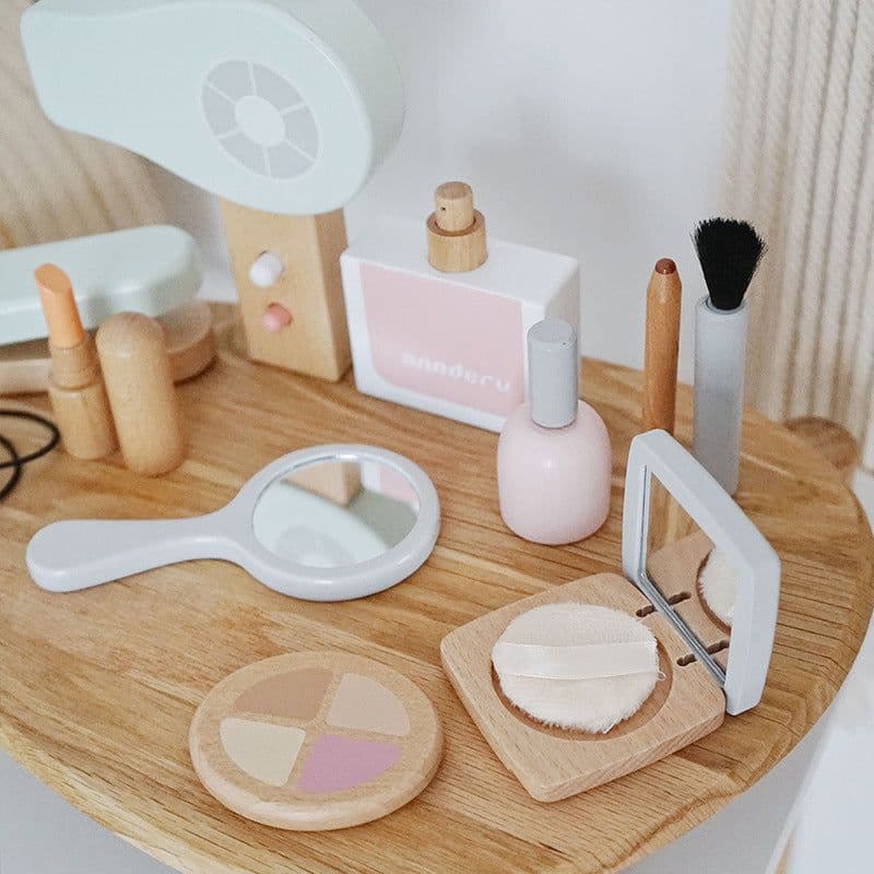 image-Children And Girls Make Up And Cut Hair Simulation Comb Hair Dryer Wooden Model Toy