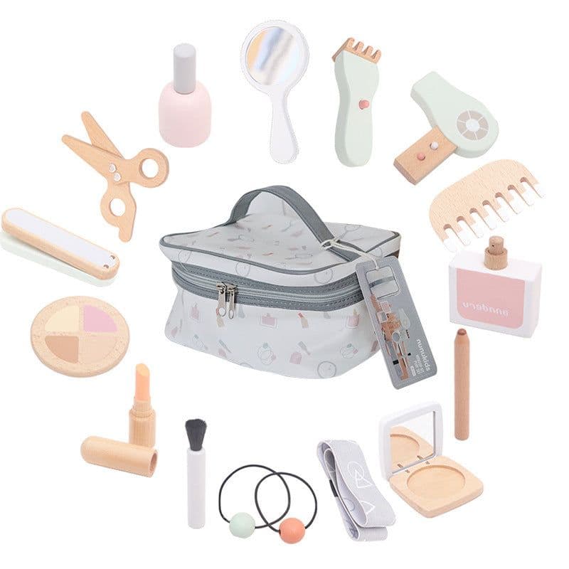image-Children And Girls Make Up And Cut Hair Simulation Comb Hair Dryer Wooden Model Toy