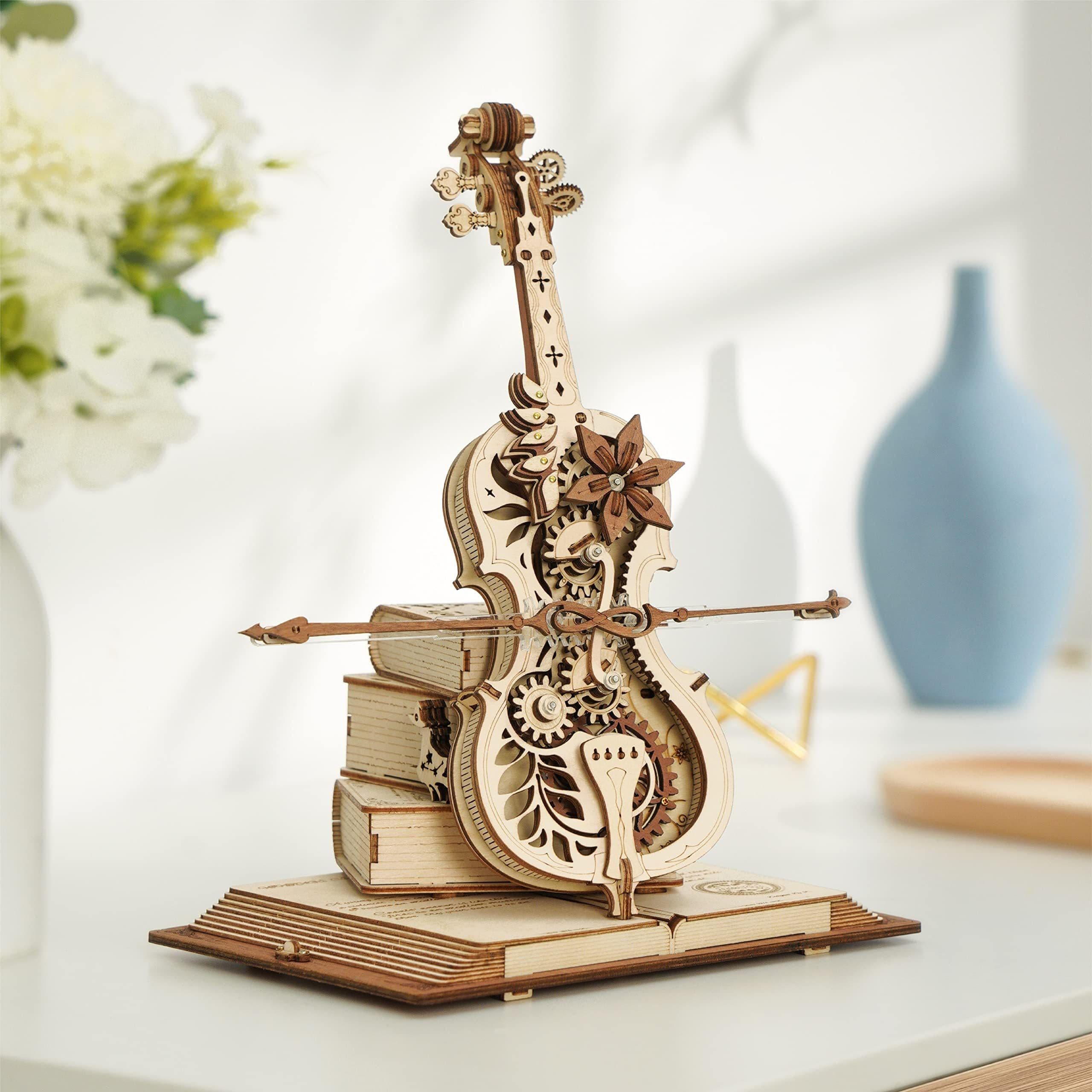 image-Robotime ROKR Magic Cello Mechanical Music Box Moveable Stem Funny Creative Toys For Child Girls 3D Wooden Puzzle AMK63
