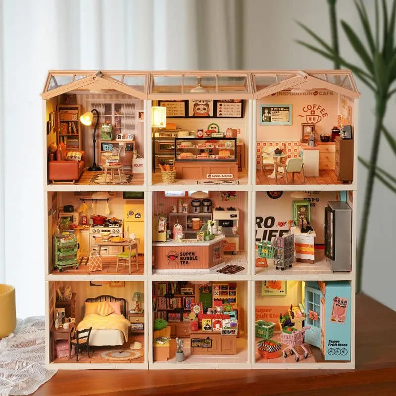 image-Robotime Rolife Super Creator Daily Plastic DIY Miniature House Cafe Energy Supply Store Building Block Sets English Version