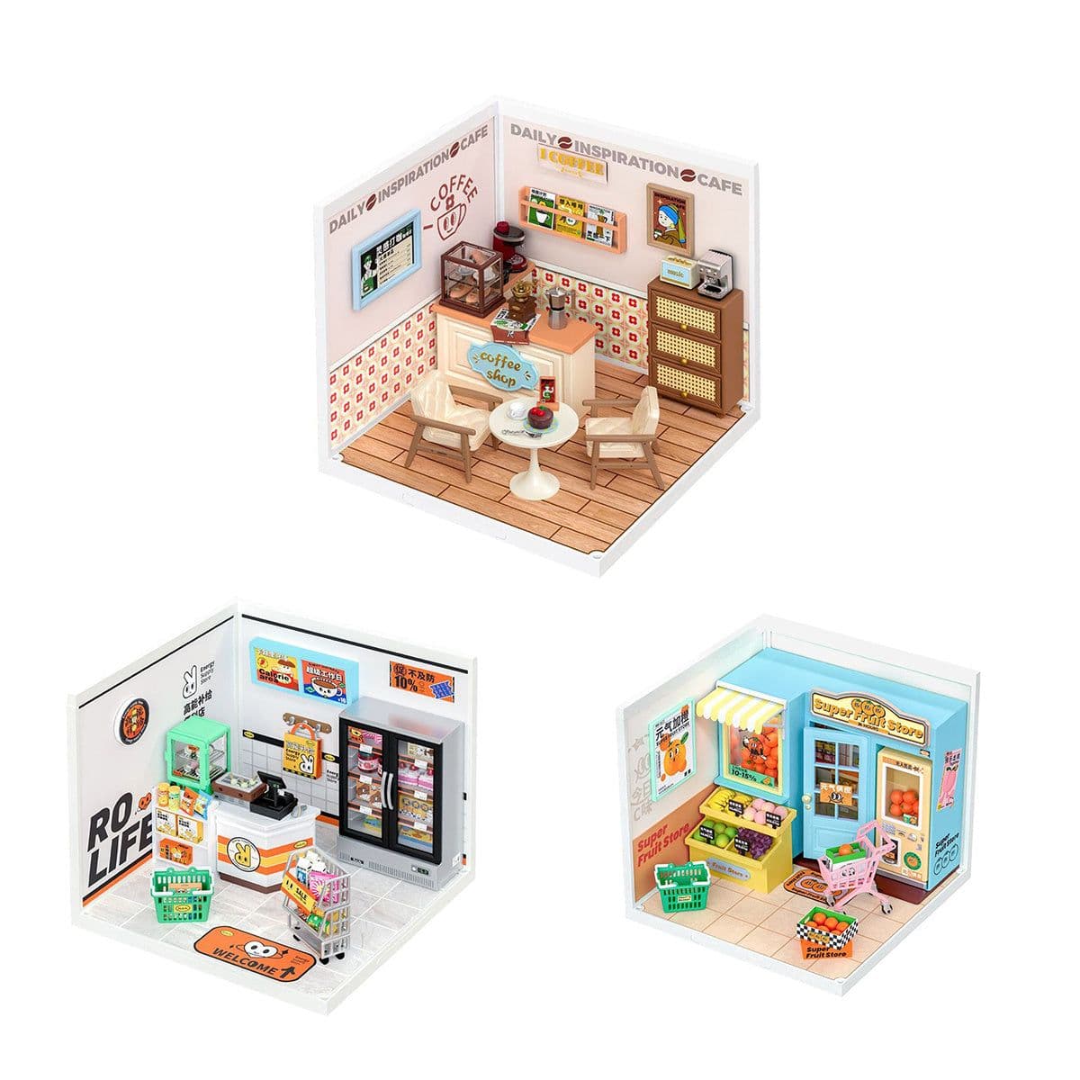image-Robotime Rolife Super Creator Daily Plastic DIY Miniature House Cafe Energy Supply Store Building Block Sets English Version