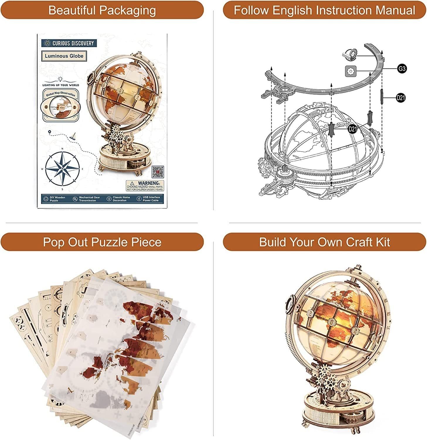 image-Rokr Luminous Globe 3D Wooden Hot Selling 180PCS Model Building Block Kits Toy