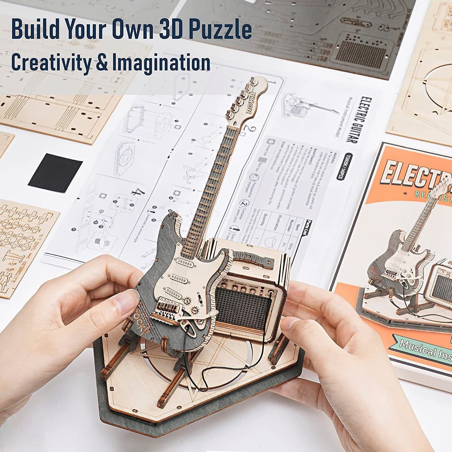 image-Robotime ROKR Electric Guitar Model Gift For Kids Assembly Creative Toys Building Block Set 3D Wooden Puzzle - TG605K