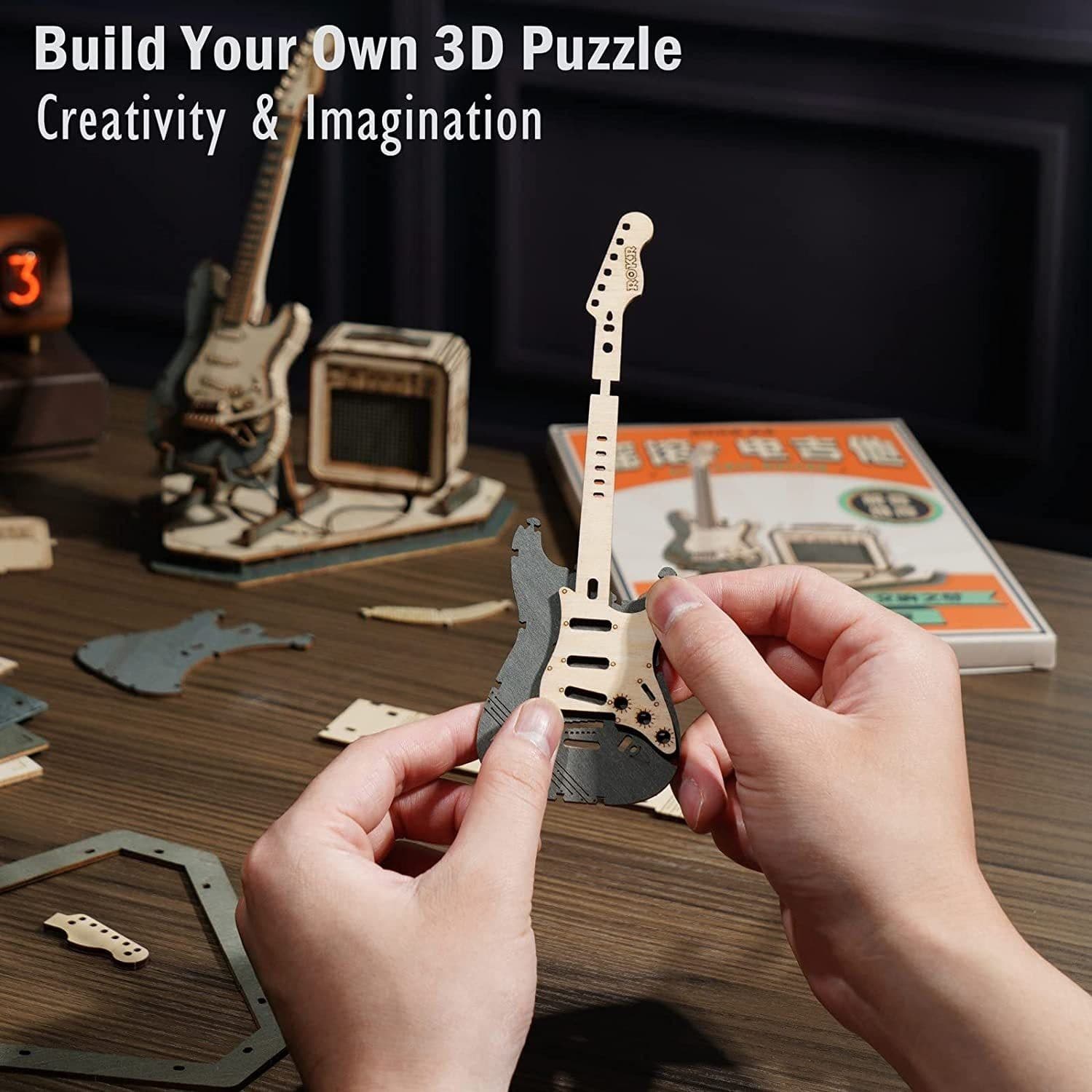 image-Robotime ROKR Electric Guitar Model Gift For Kids Assembly Creative Toys Building Block Set 3D Wooden Puzzle - TG605K