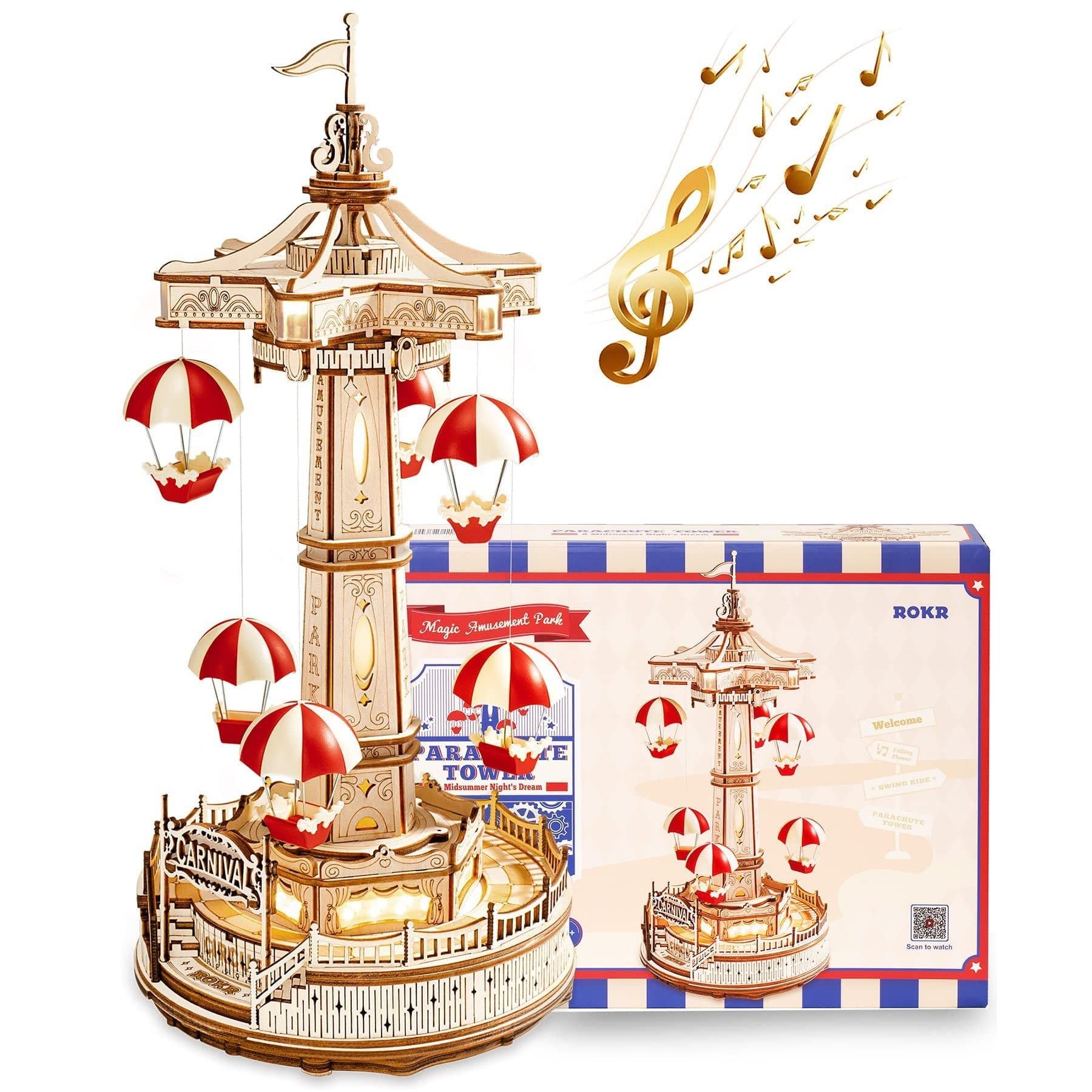 image-Robotime Rokr Parachute Tower DIY Music Box Building Block Amusement Park Series For Kids Adults Easy Assembly 3D Wooden Puzzle