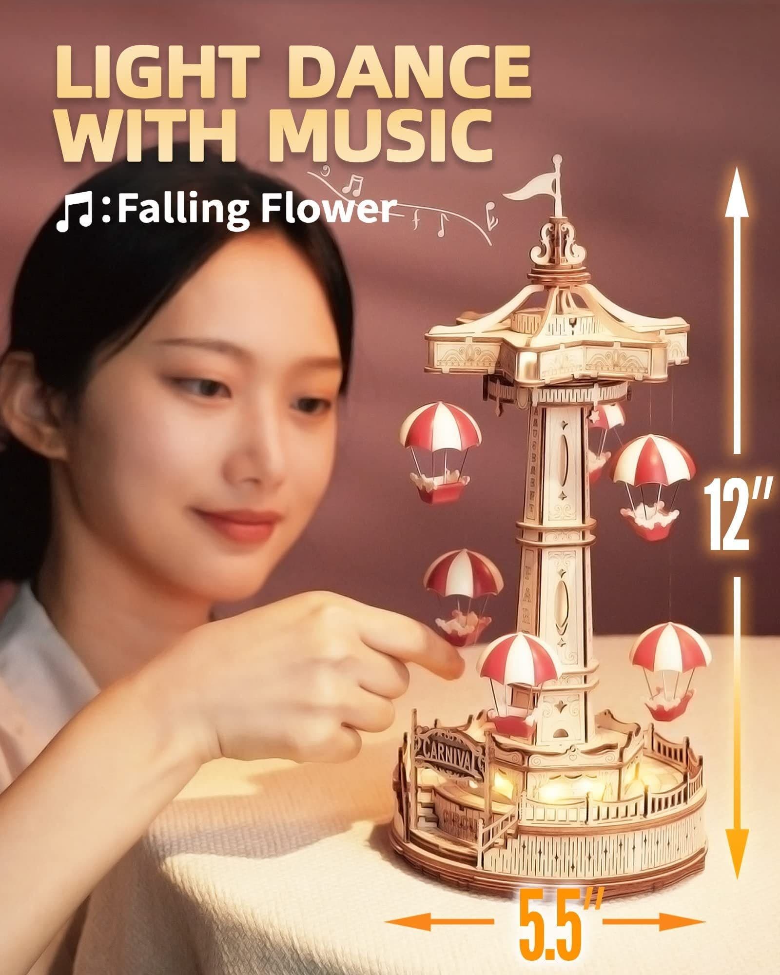 image-Robotime Rokr Parachute Tower DIY Music Box Building Block Amusement Park Series For Kids Adults Easy Assembly 3D Wooden Puzzle