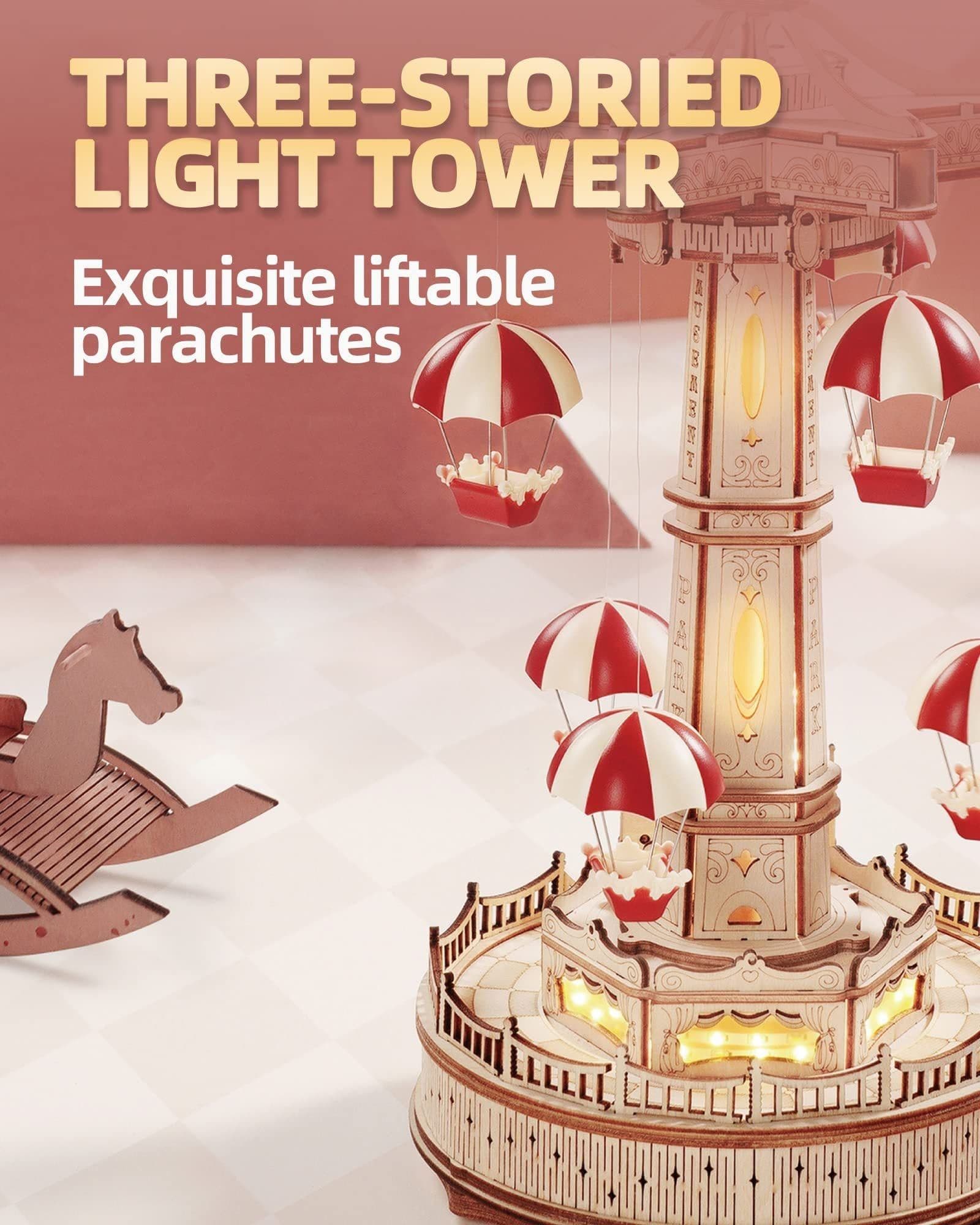 image-Robotime Rokr Parachute Tower DIY Music Box Building Block Amusement Park Series For Kids Adults Easy Assembly 3D Wooden Puzzle