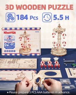 image-Robotime Rokr Parachute Tower DIY Music Box Building Block Amusement Park Series For Kids Adults Easy Assembly 3D Wooden Puzzle