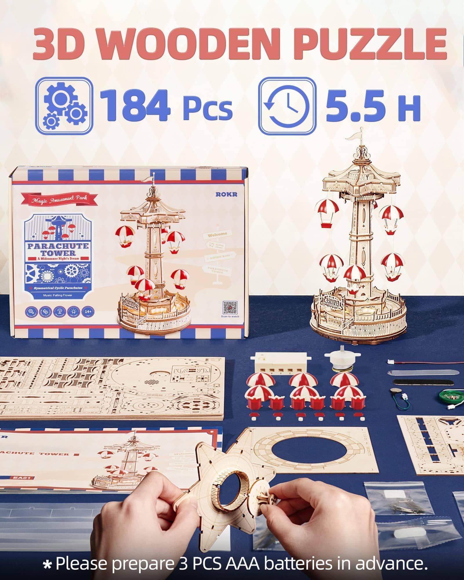 image-Robotime Rokr Parachute Tower DIY Music Box Building Block Amusement Park Series For Kids Adults Easy Assembly 3D Wooden Puzzle