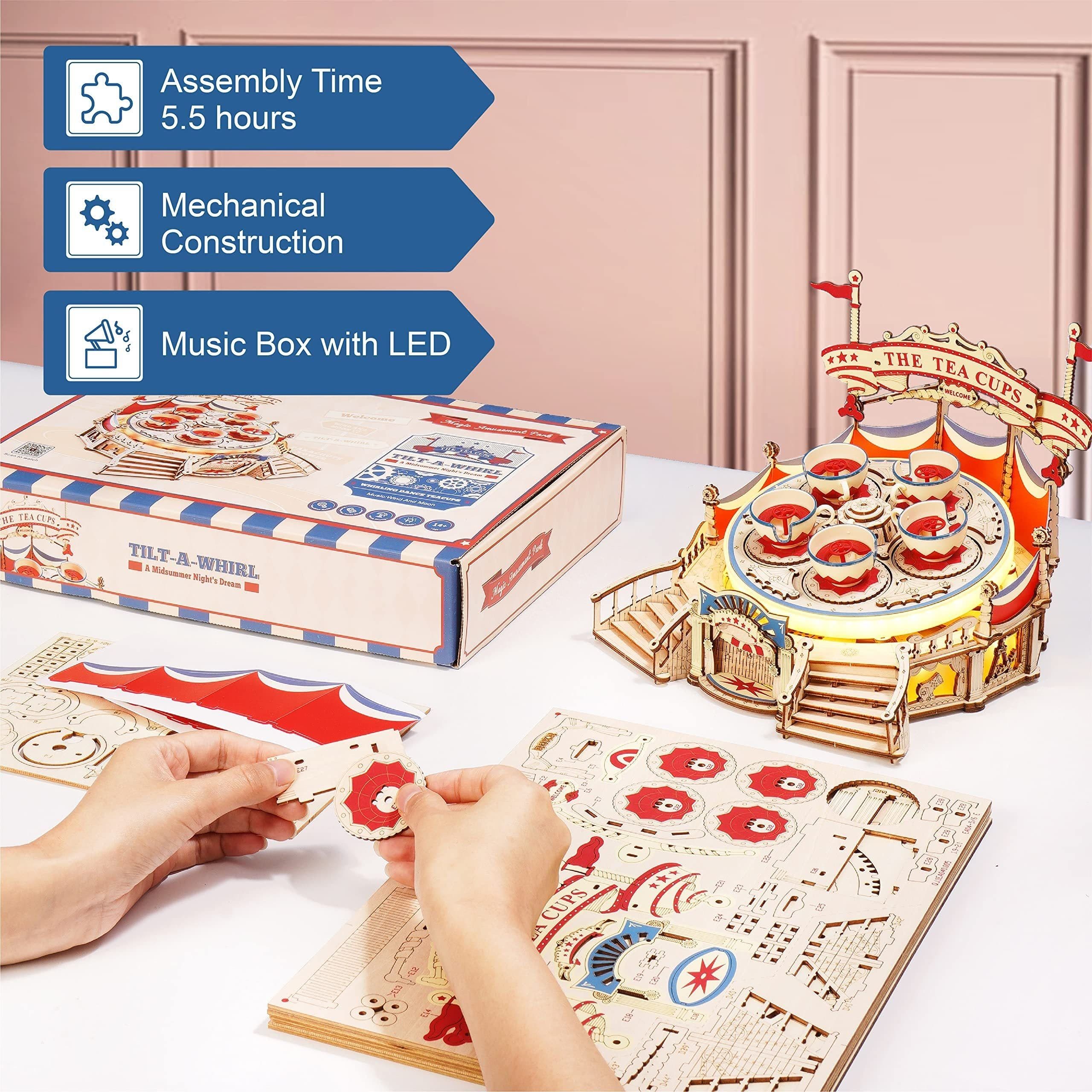 image-Robotime RokrTilt-A-Whirl DIY Music Box Building Block Amusement Park Series For Kids Adults Easy Assembly 3D Wooden Puzzle EA04