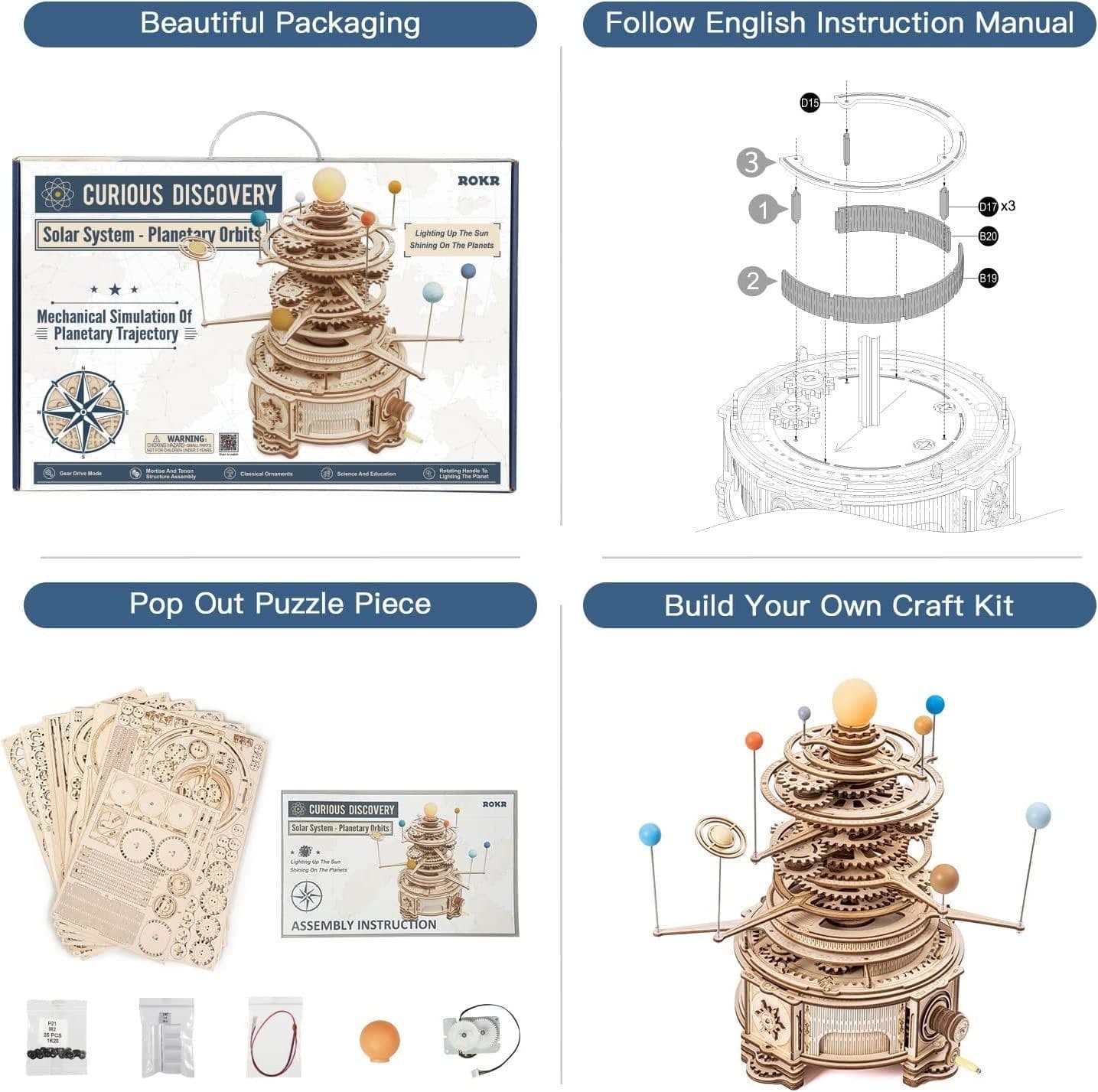 image-Robotime ROKR 316PCS Rotatable Mechanical Orrery 3D Wooden Puzzle Games Assemble Model Building Kits Toys Gift For Children Boys