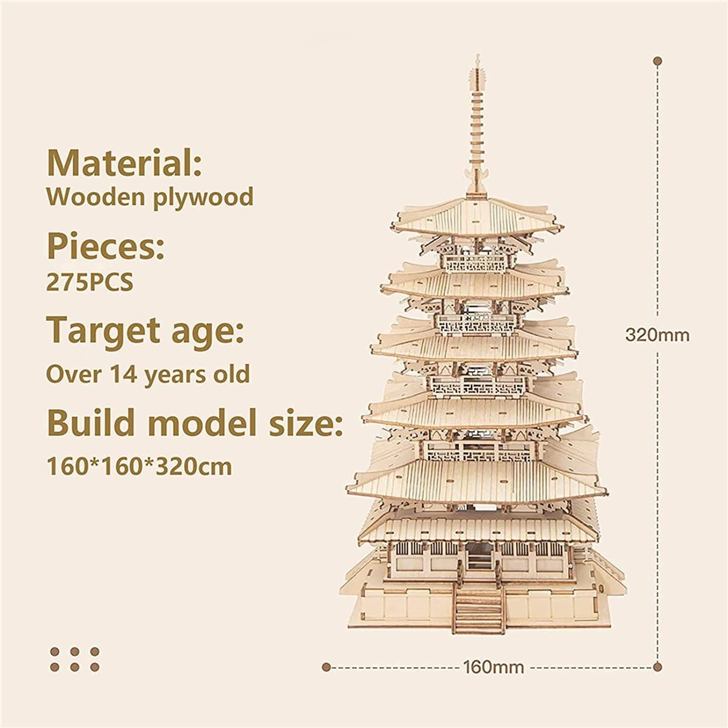 image-Robotime Five-storied Pagoda 3D Wooden Puzzle Toys For Children Kids Birthday Gift TGN02