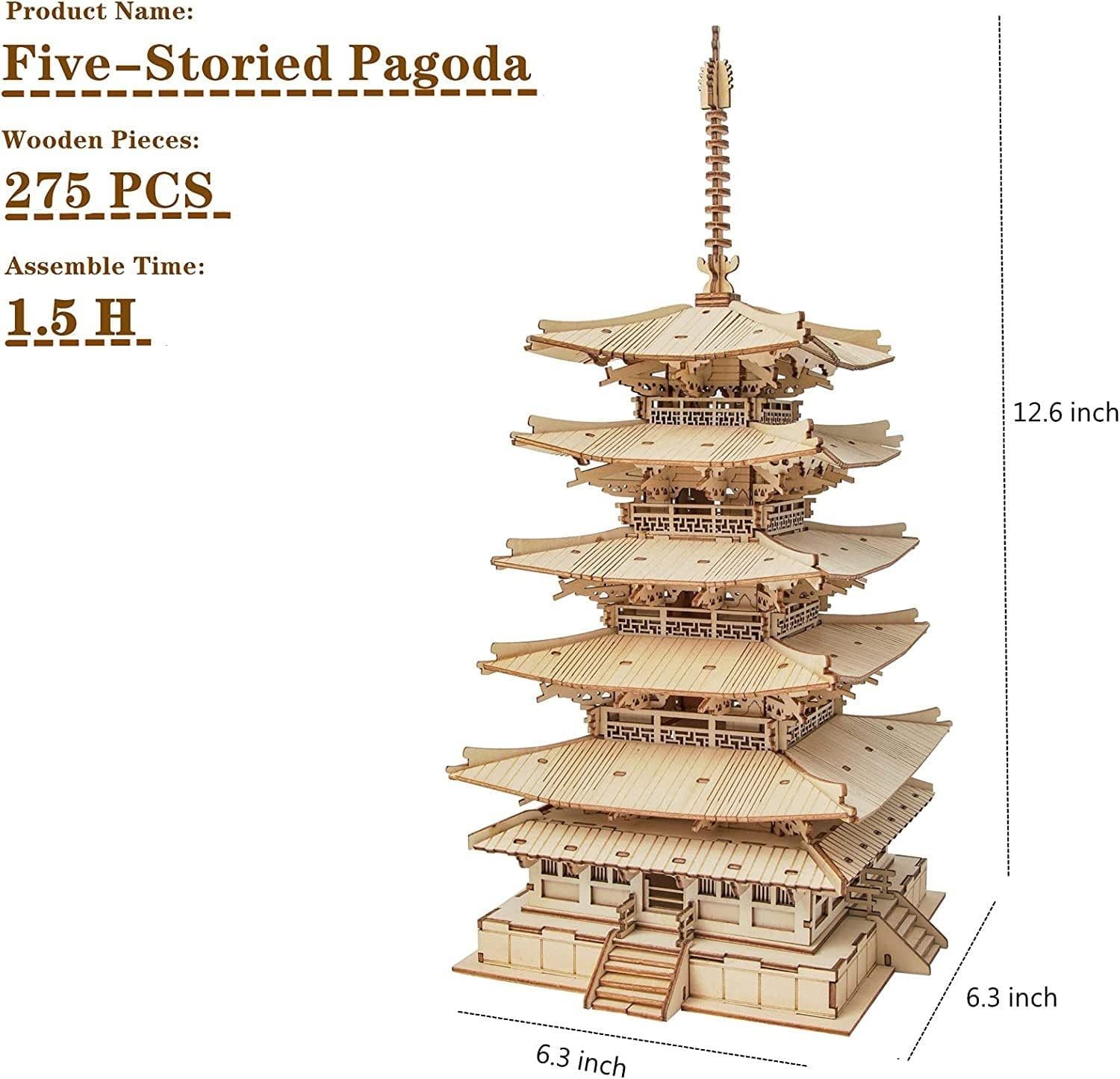 image-Robotime Five-storied Pagoda 3D Wooden Puzzle Toys For Children Kids Birthday Gift TGN02