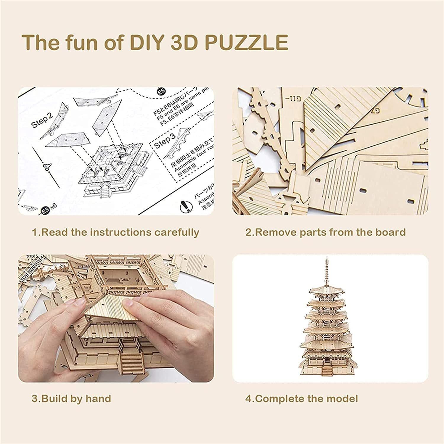 image-Robotime Five-storied Pagoda 3D Wooden Puzzle Toys For Children Kids Birthday Gift TGN02