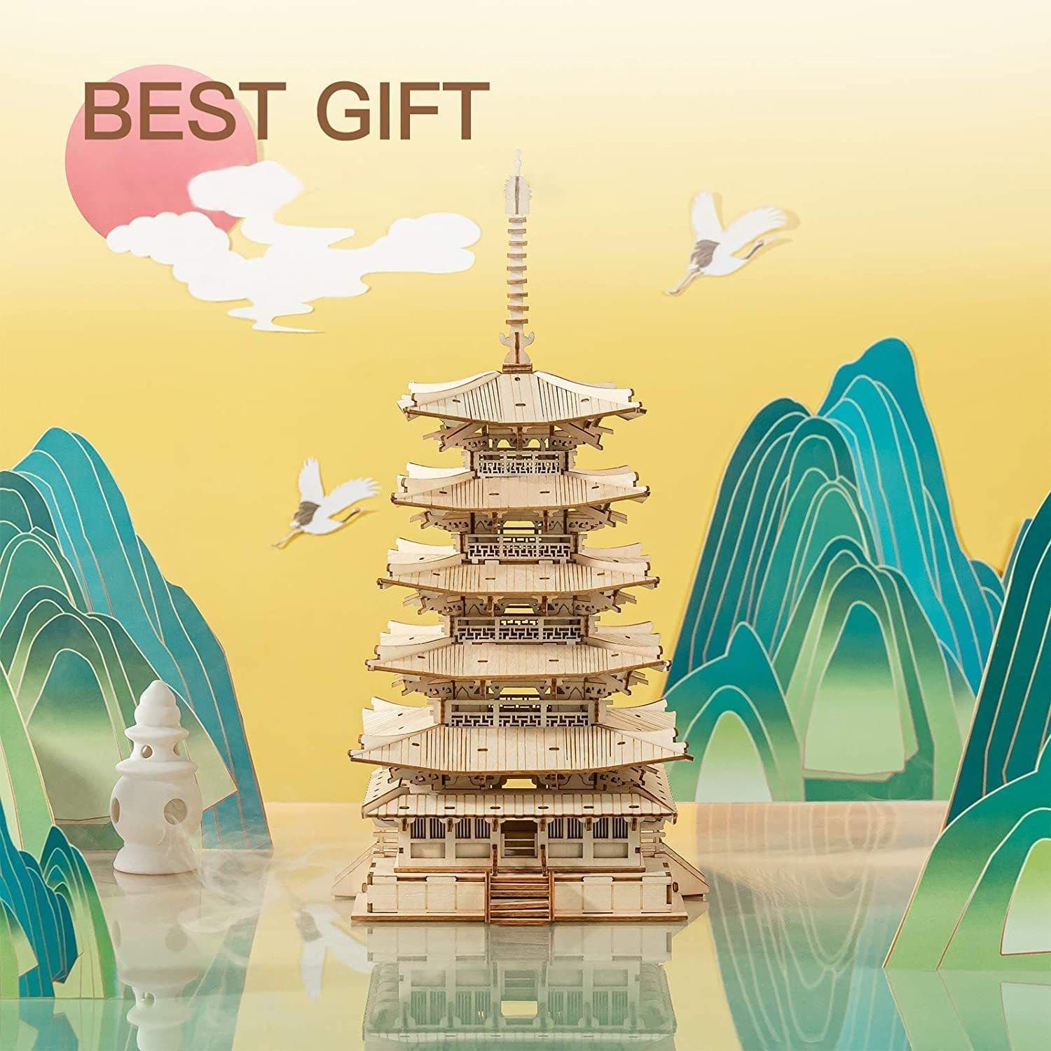 image-Robotime Five-storied Pagoda 3D Wooden Puzzle Toys For Children Kids Birthday Gift TGN02