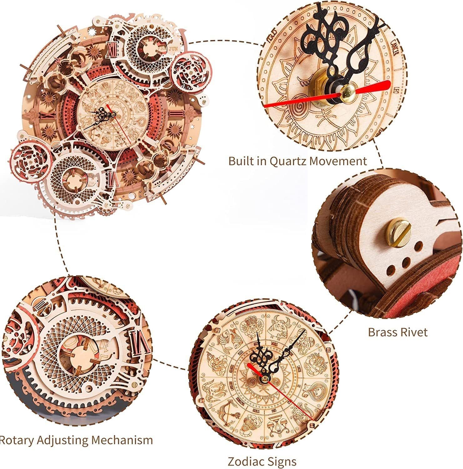 image-Robotime ROKR Time Art Zodiac Wall Clock 3D Wooden Puzzle Games Model Building Kits Toys For Children Kids