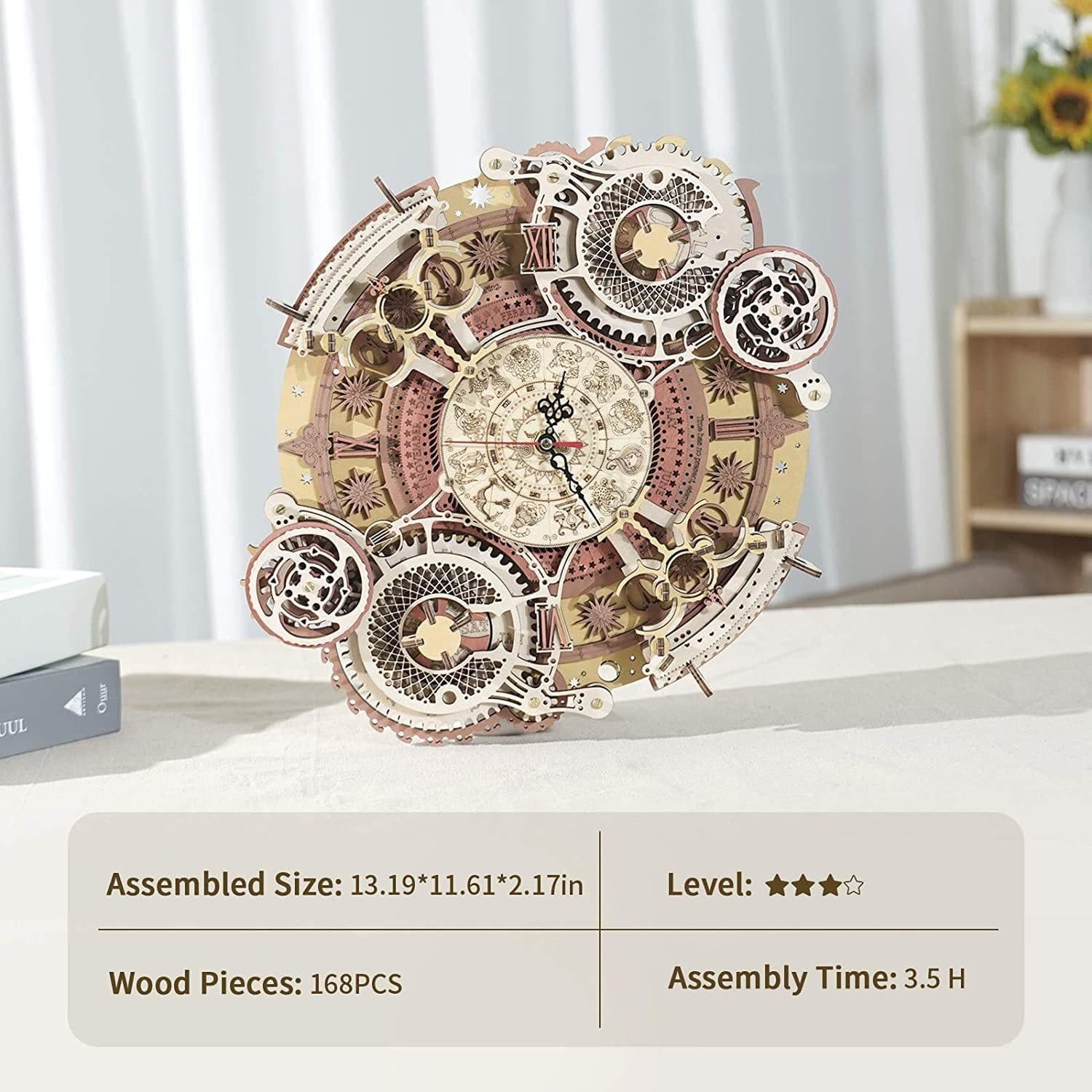 image-Robotime ROKR Time Art Zodiac Wall Clock 3D Wooden Puzzle Games Model Building Kits Toys For Children Kids