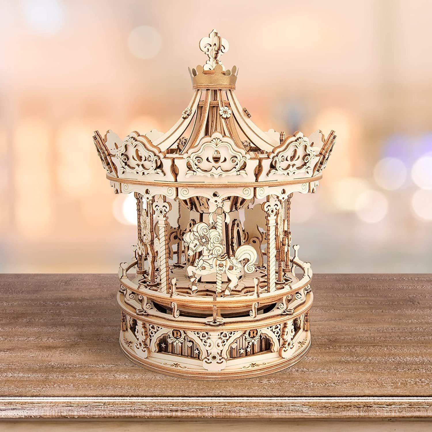 image-Robotime Rokr 3D Wooden Puzzles Construction Model Kit DIY Music Box Building Kits Rotating - Romantic Carousel