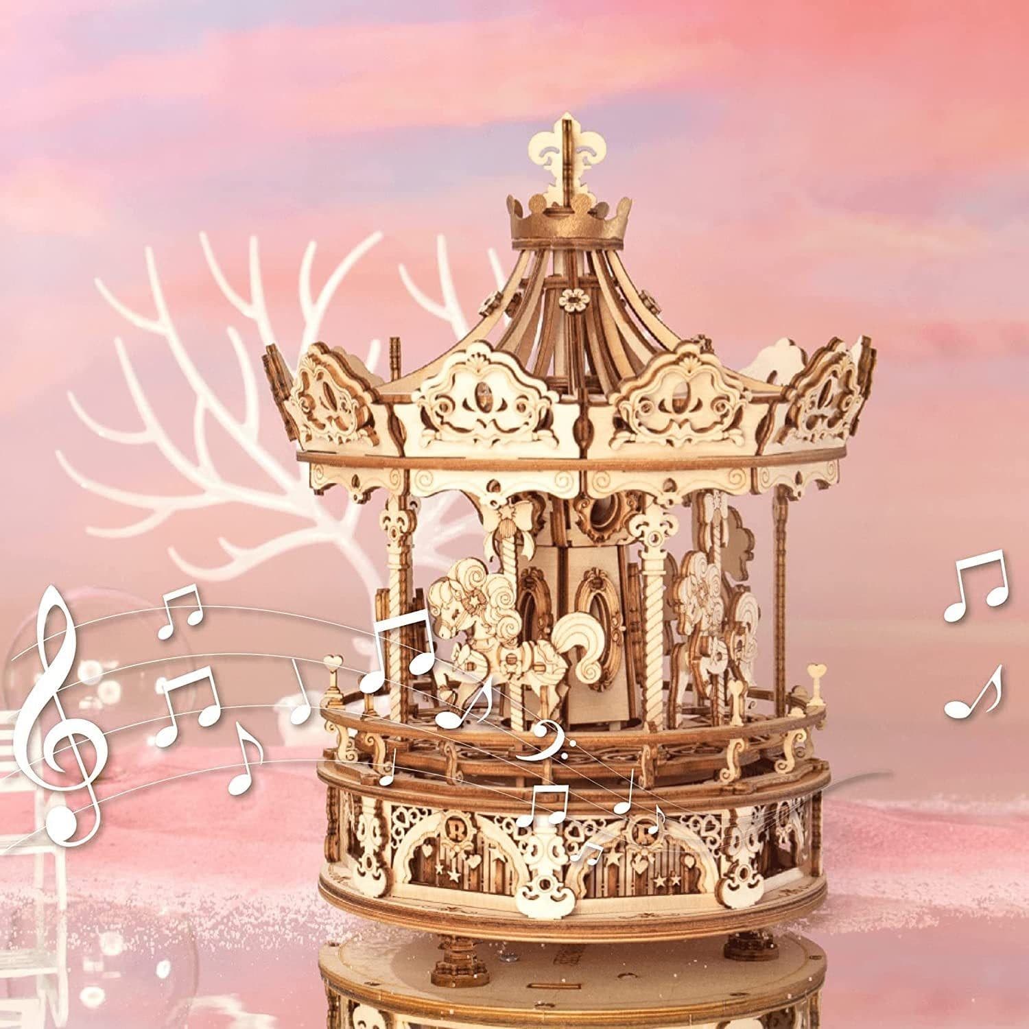 image-Robotime Rokr 3D Wooden Puzzles Construction Model Kit DIY Music Box Building Kits Rotating - Romantic Carousel