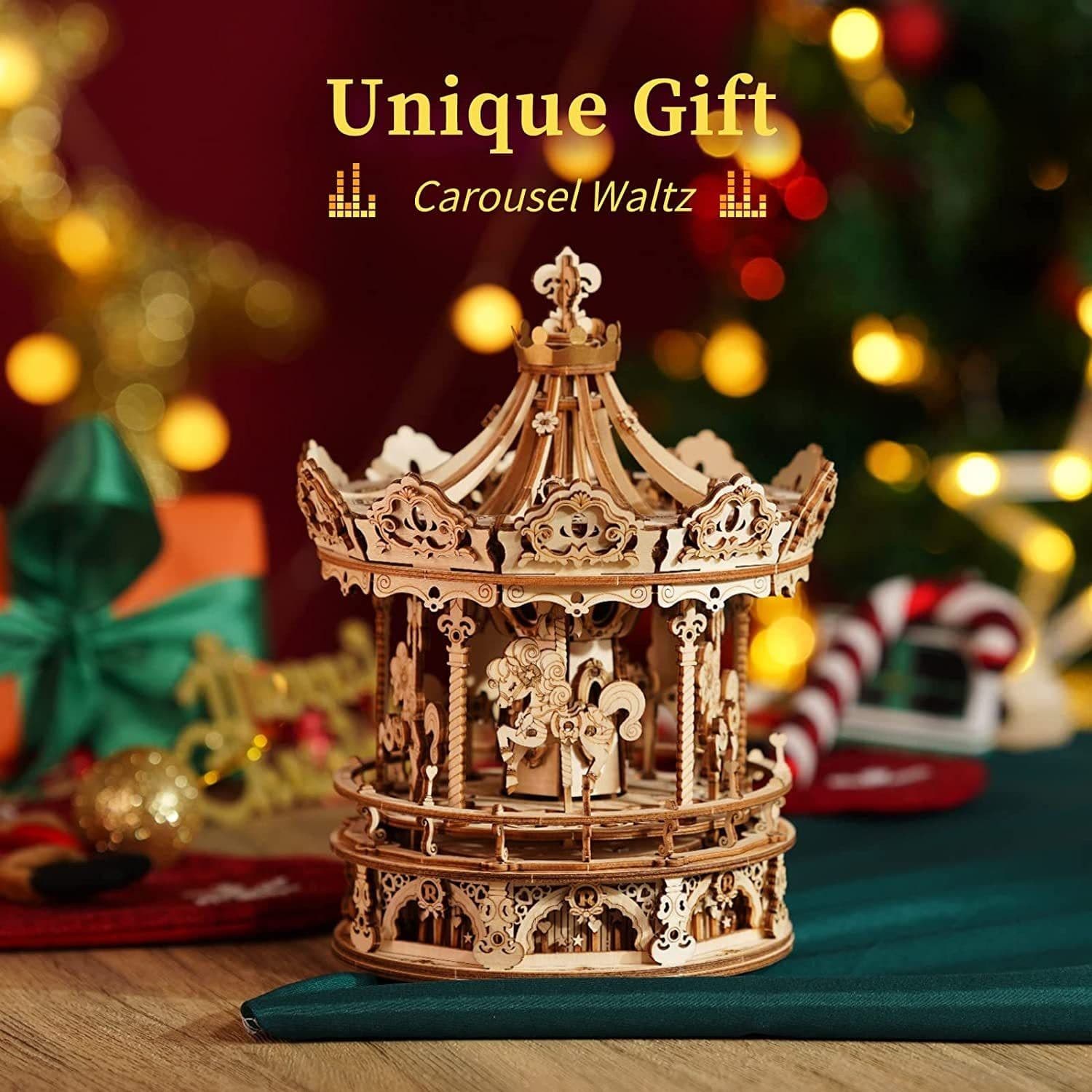 image-Robotime Rokr 3D Wooden Puzzles Construction Model Kit DIY Music Box Building Kits Rotating - Romantic Carousel