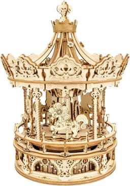 image-Robotime Rokr 3D Wooden Puzzles Construction Model Kit DIY Music Box Building Kits Rotating - Romantic Carousel