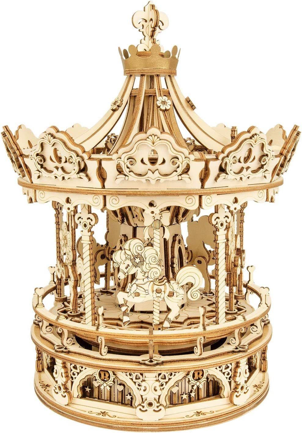 image-Robotime Rokr 3D Wooden Puzzles Construction Model Kit DIY Music Box Building Kits Rotating - Romantic Carousel
