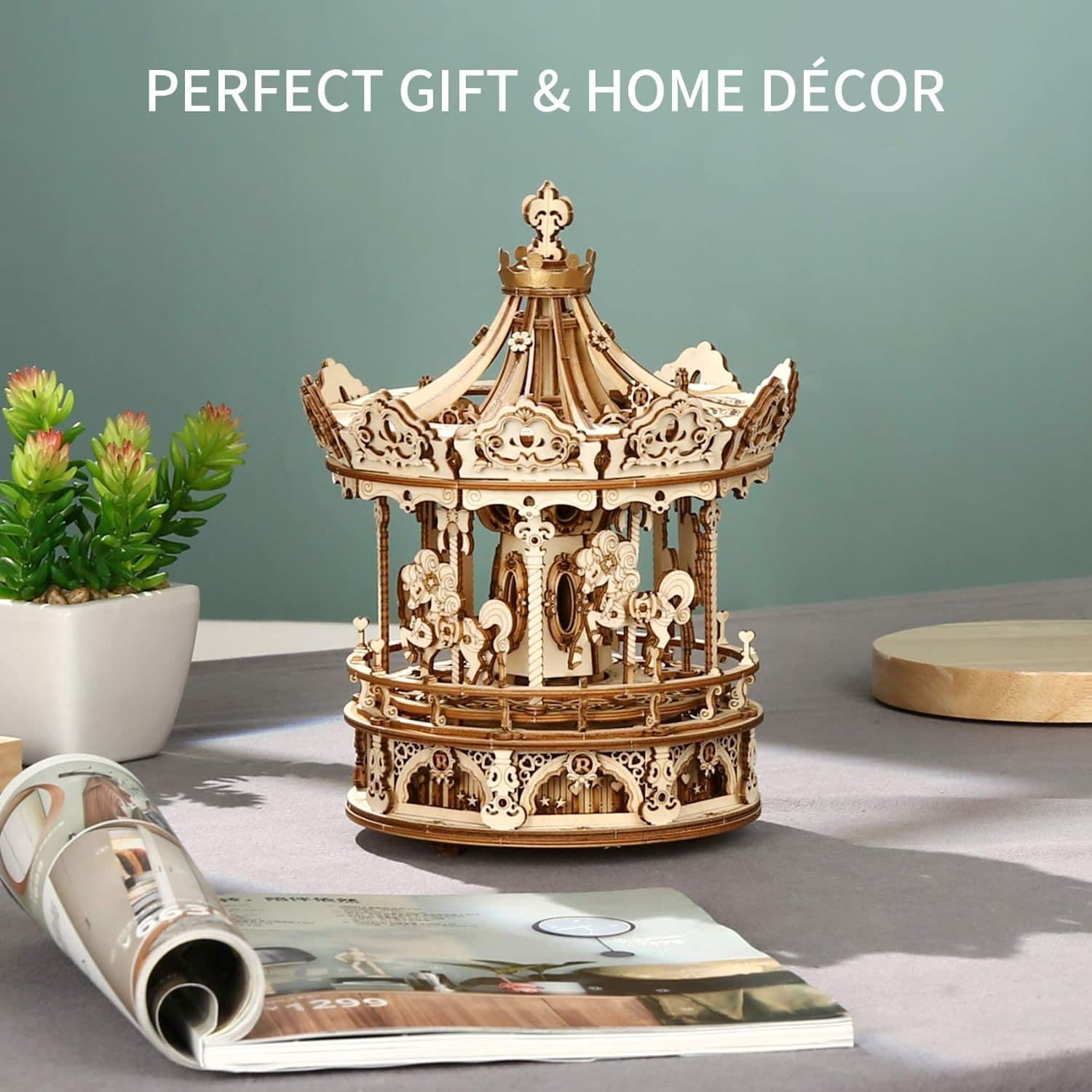 image-Robotime Rokr 3D Wooden Puzzles Construction Model Kit DIY Music Box Building Kits Rotating - Romantic Carousel
